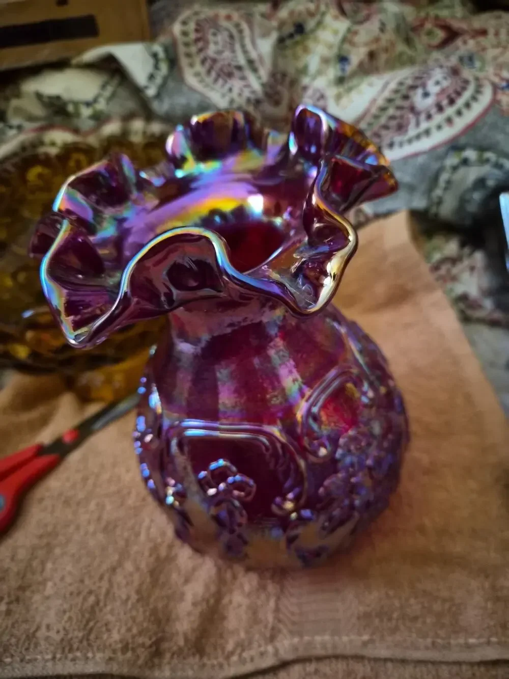 Vintage Fenton Carnivsl Glass Drape And Scroll Ruffled Vase With Embossed Scroll